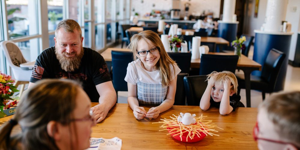 Enjoy time together as a family. Our dining room is a great space not just to eat, but to meet other families, too.